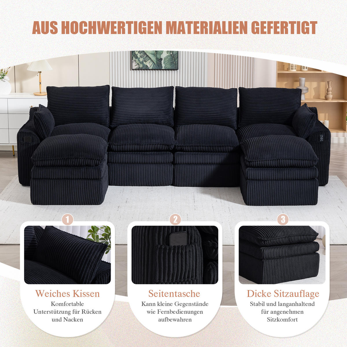 WOHNLANDSCHAFT Cord Schwarz mit Kissen und Seitentaschen - Schwarz, Textil (335/85/167cm) - WISHDOR