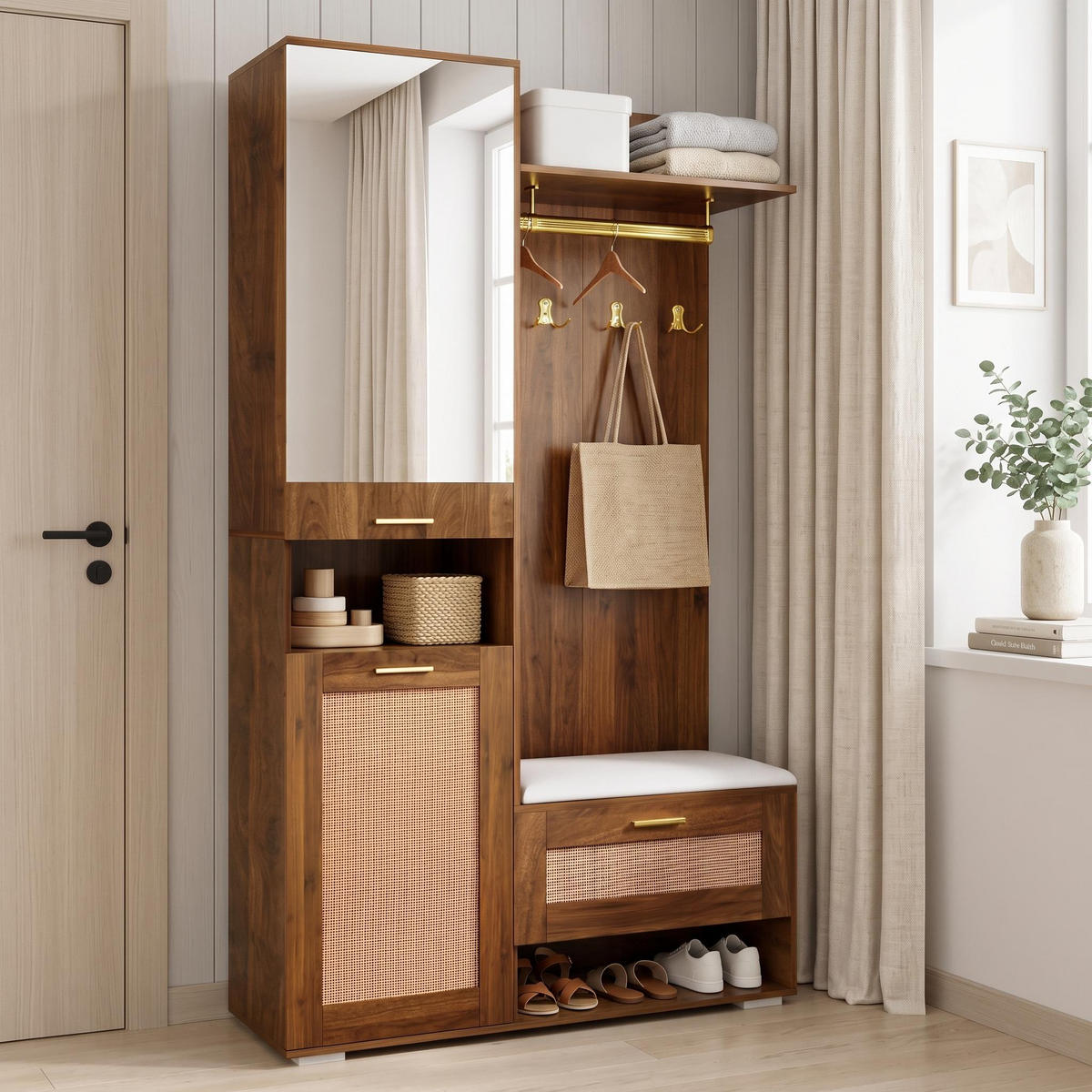 FLUR-SET mit Spiegel, Schuhschrank, Wandgarderobe, LED-Beleuchtung - Multicolor, Holz (38/190/110cm) - Meubles Cosy