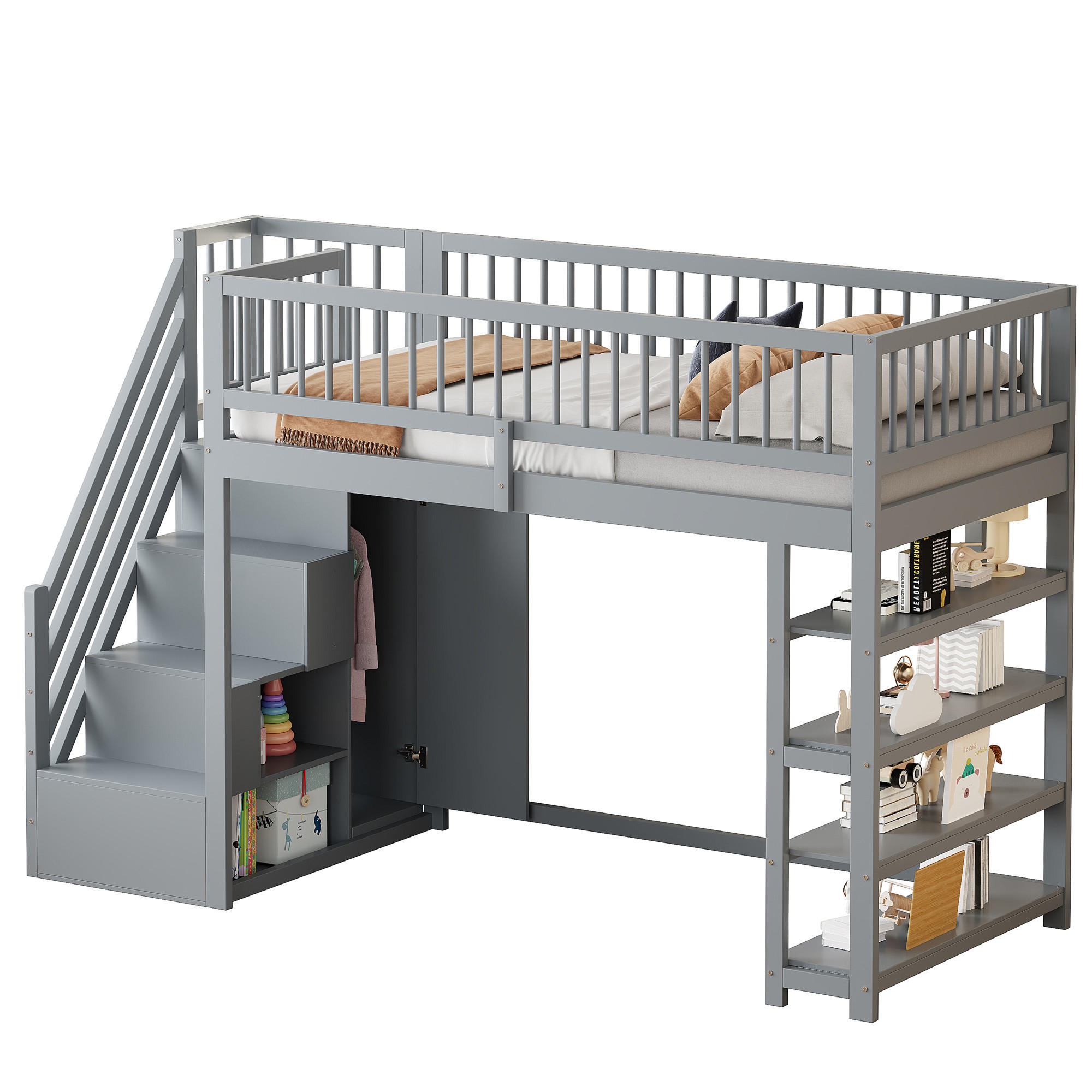 HOCHBETT 90/200 cm in Grau mit Kleiderschrank, Regal und Stauraum aus Massivholz - Grau, Holz (90/200cm) - STILVORA