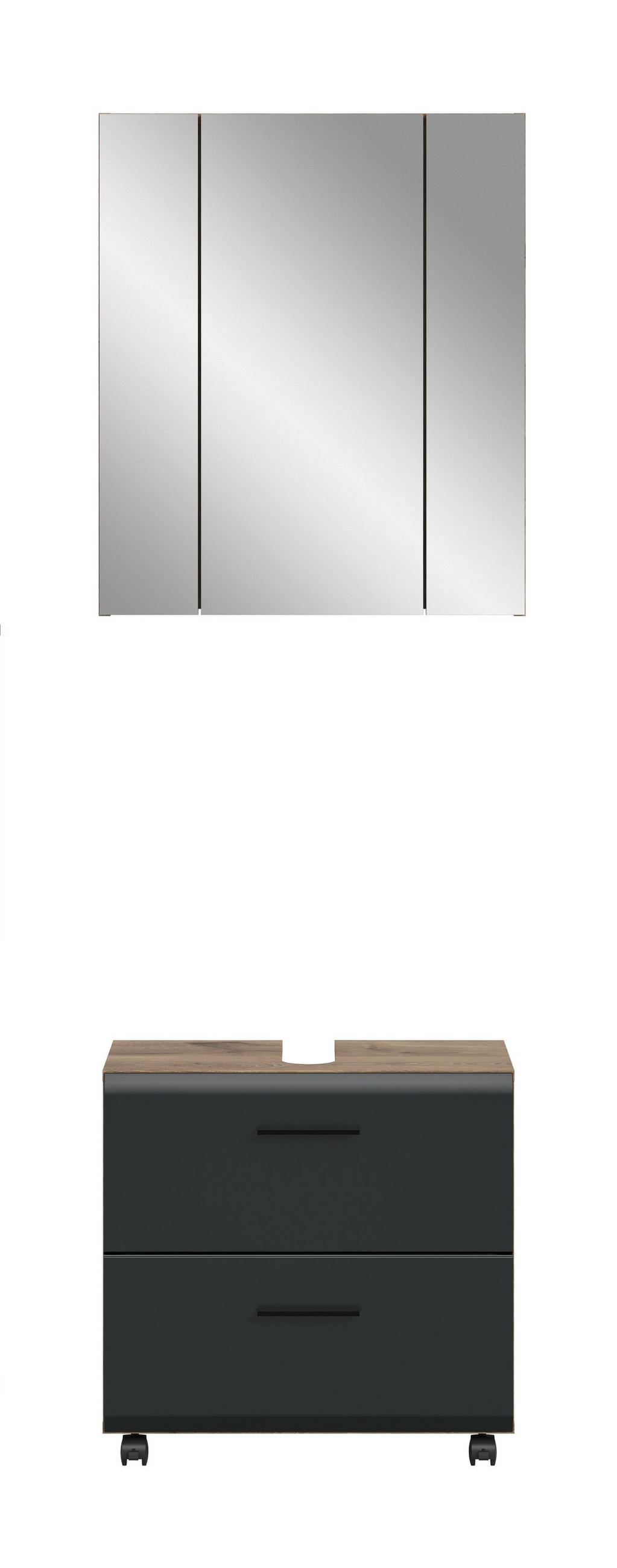BAD-SET auf Rollen Alba 3-tlg. (B/H/T: ca. 60/185/30 cm) in Nox Oak Nachbildung/schwarz matt - Eichefarben, Holzwerkstoff (60/185/30cm)