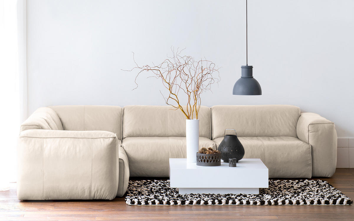 ECKSOFA mit Rundecke - Hellgrau/Schwarz, Leder/Kunststoff (325/260cm) - home24