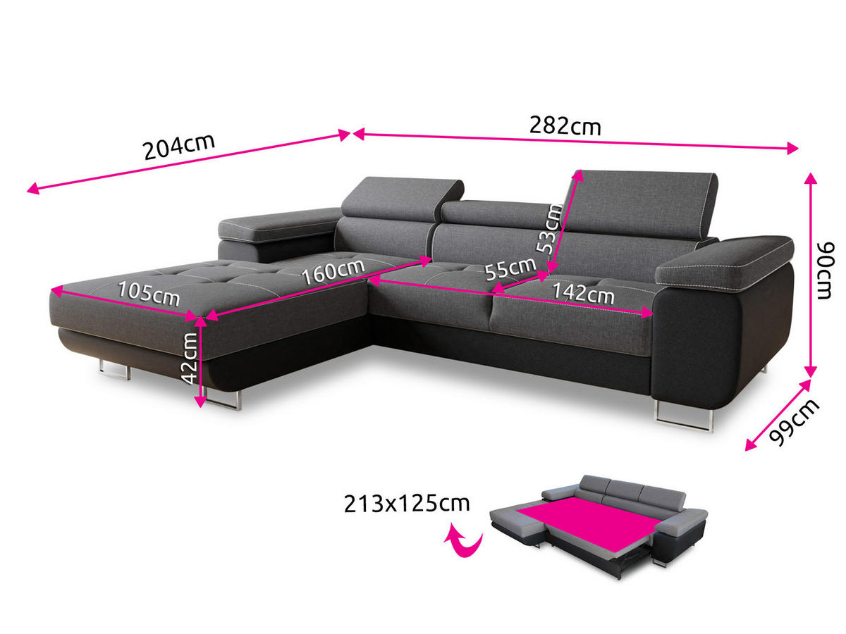 ECKSOFA Divo, Seite: Links - Hellgrau/Grau, Holz/Textil (282/204cm) - Sofnet