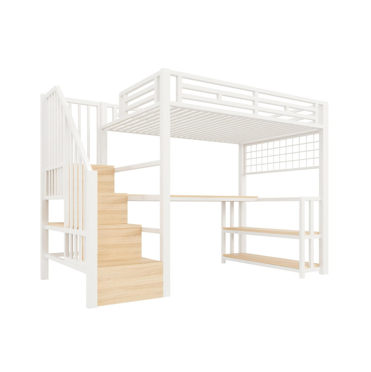HOCHBETT 90/200 cm aus Metall/MDF mit Schreibtisch, Stauraumtreppe und LED Weiß - Weiß, Metall (90/200cm) - Modenvie
