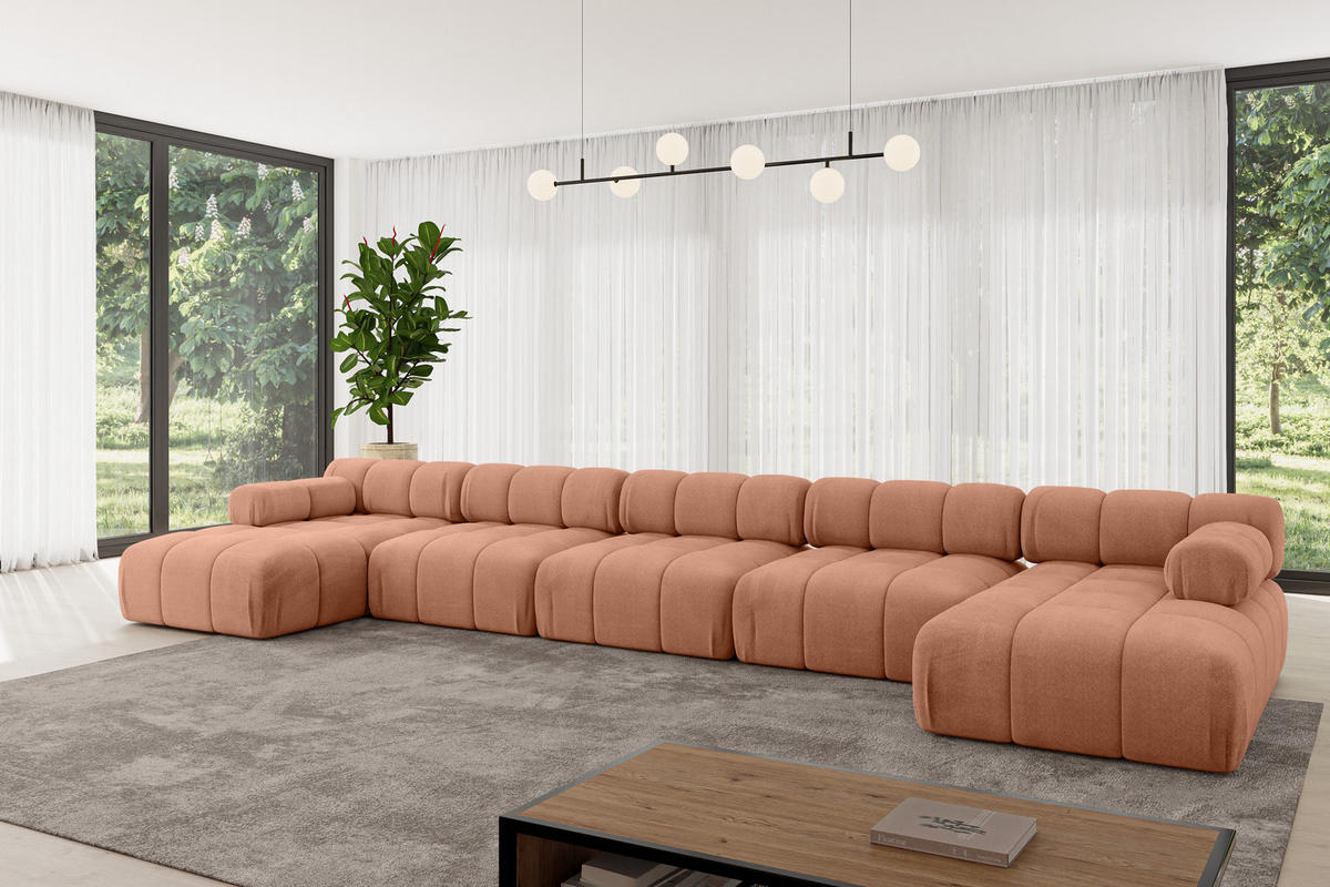 WOHNLANDSCHAFT modulares Sofa Tesso-U3 - 475x160x70 cm Apricot Velours - Koralle, Holzwerkstoff/Textil (475/70/160cm) - ALTDECOR