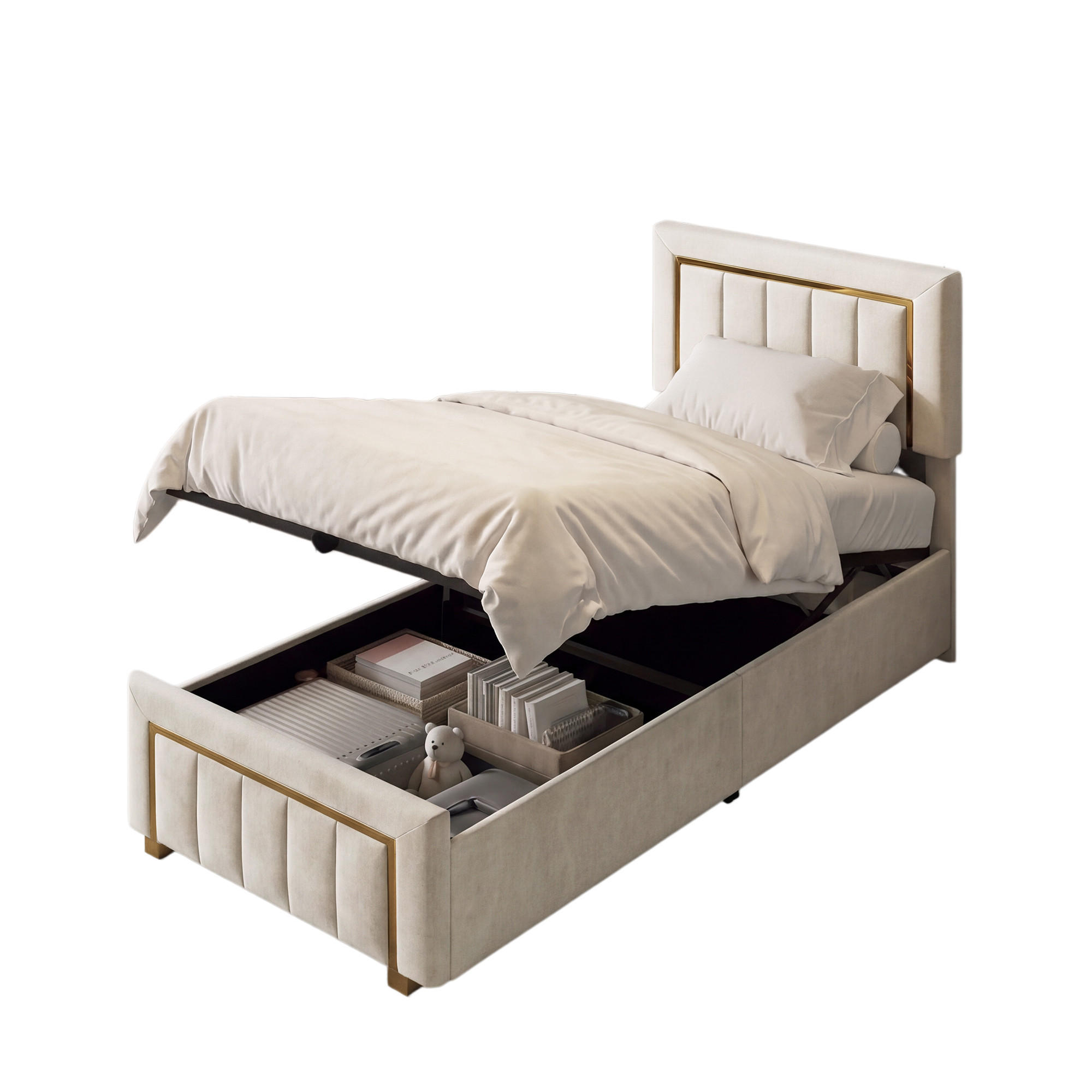 POLSTERBETT 90x200 cm mit Stauraum Kopfteil und Lattenrost Beige - Beige, Holzwerkstoff (90/200cm) - Novahome