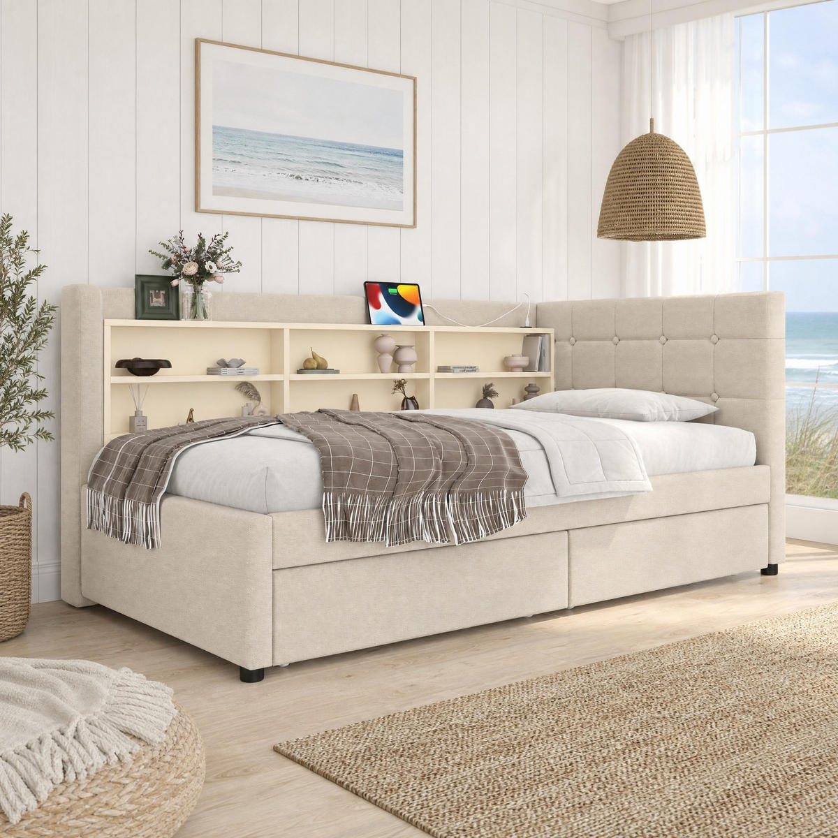 POLSTERBETT 90/200 mit 2 Schubladen, USB-C, Ablagefächern und Lattenrost aus Leinen - Beige, Holzwerkstoff/Textil (90/200cm) - EVRYAE