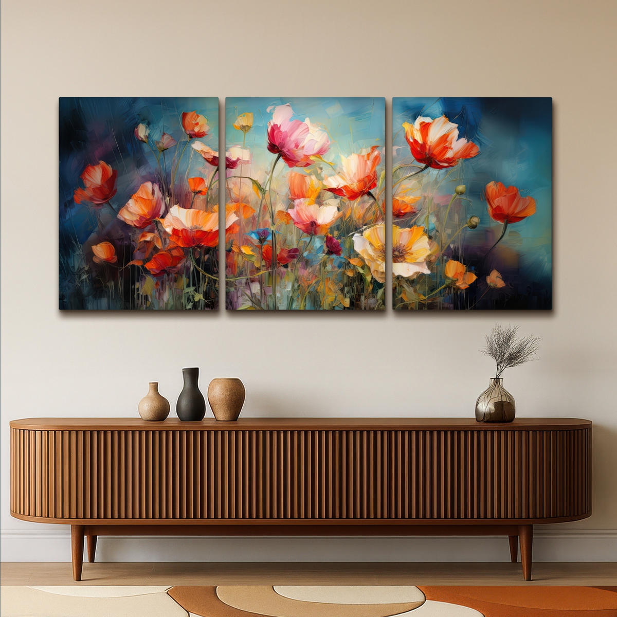 LEINWANDBILD 3er Set Blumen - Bunt - Abstrakt 180x80 cm - Blaugrau, Textil (180/80cm) - MuchoWow