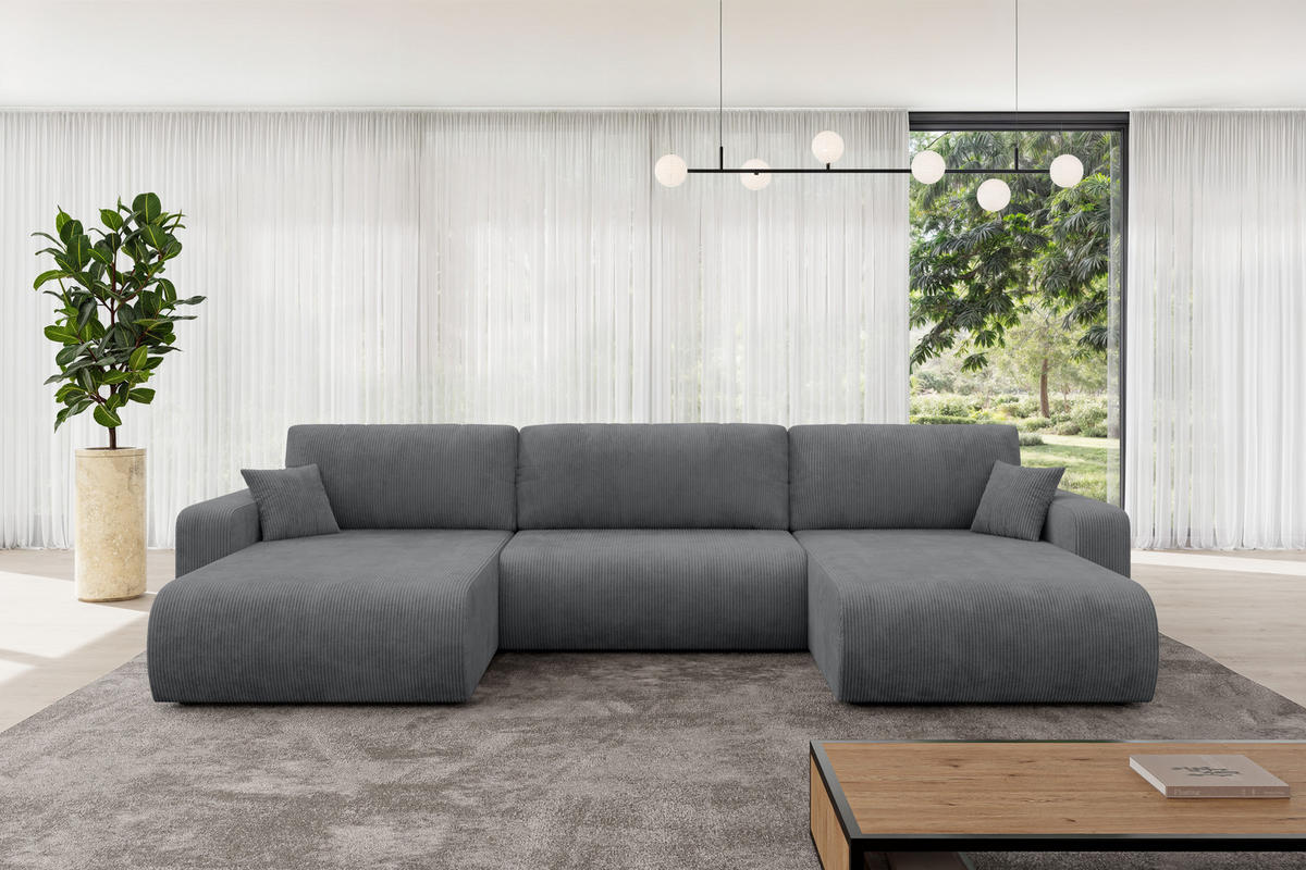 SEDACÍ SOUPRAVA DO U s funkcí spaní a úložným prostorem BERY-U 377x193x88 tmavě šedá manšestr - černá/tmavě šedá, kompozitní dřevo/textil (377/88/193cm) - ALTDECOR