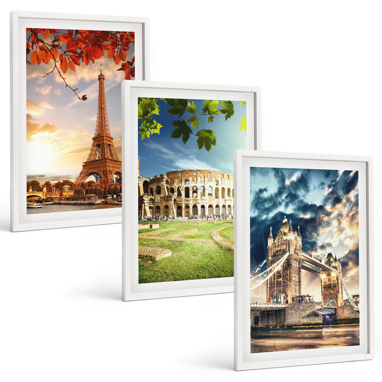 BILDER SET 3er Set - 40x60 cm Weißer Rahmen - Denkmäler Europas - Weiß, Kunststoff (40/60cm) - TULUP