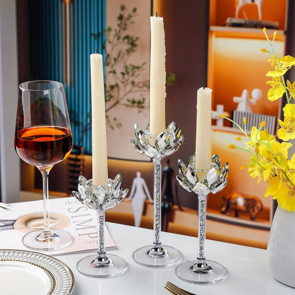 KERZENSTÄNDER 3-teiliges Set Kristall Lotus - Silberfarben, Glas (11.4/20.1/23.4cm)