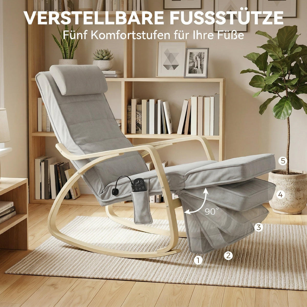 SCHAUKELSTUHL DE-07602 mit Massage, Heizung und Kopf- & Fußstütze Hellgrau - Hellgrau, Textil (67/92/106cm) - ComfortXL