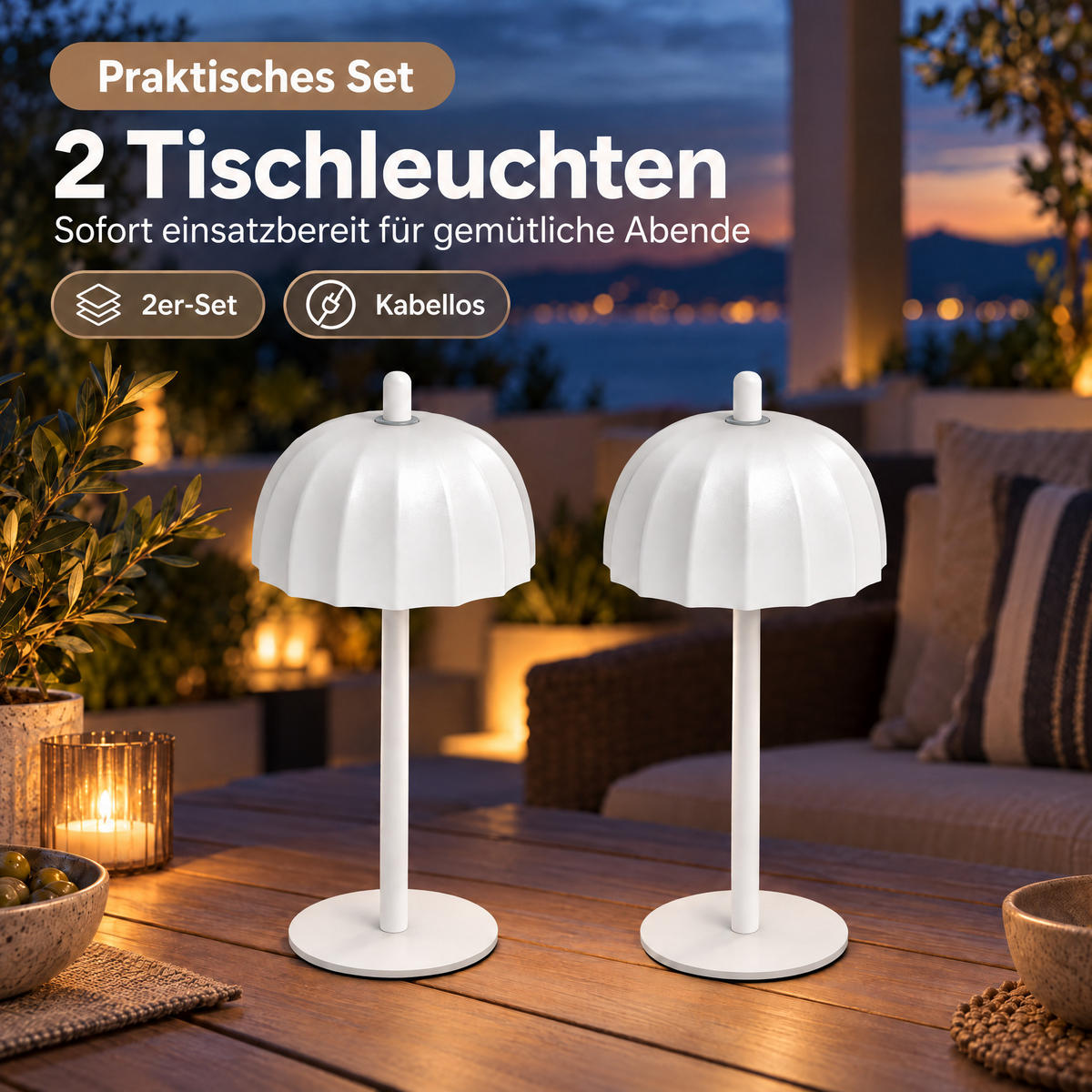 LED-TISCHLEUCHTE Umbrella schwarz 21cm Metall 2er-Set weiß - Weiß, Metall (10/10/21cm) - Northpoint