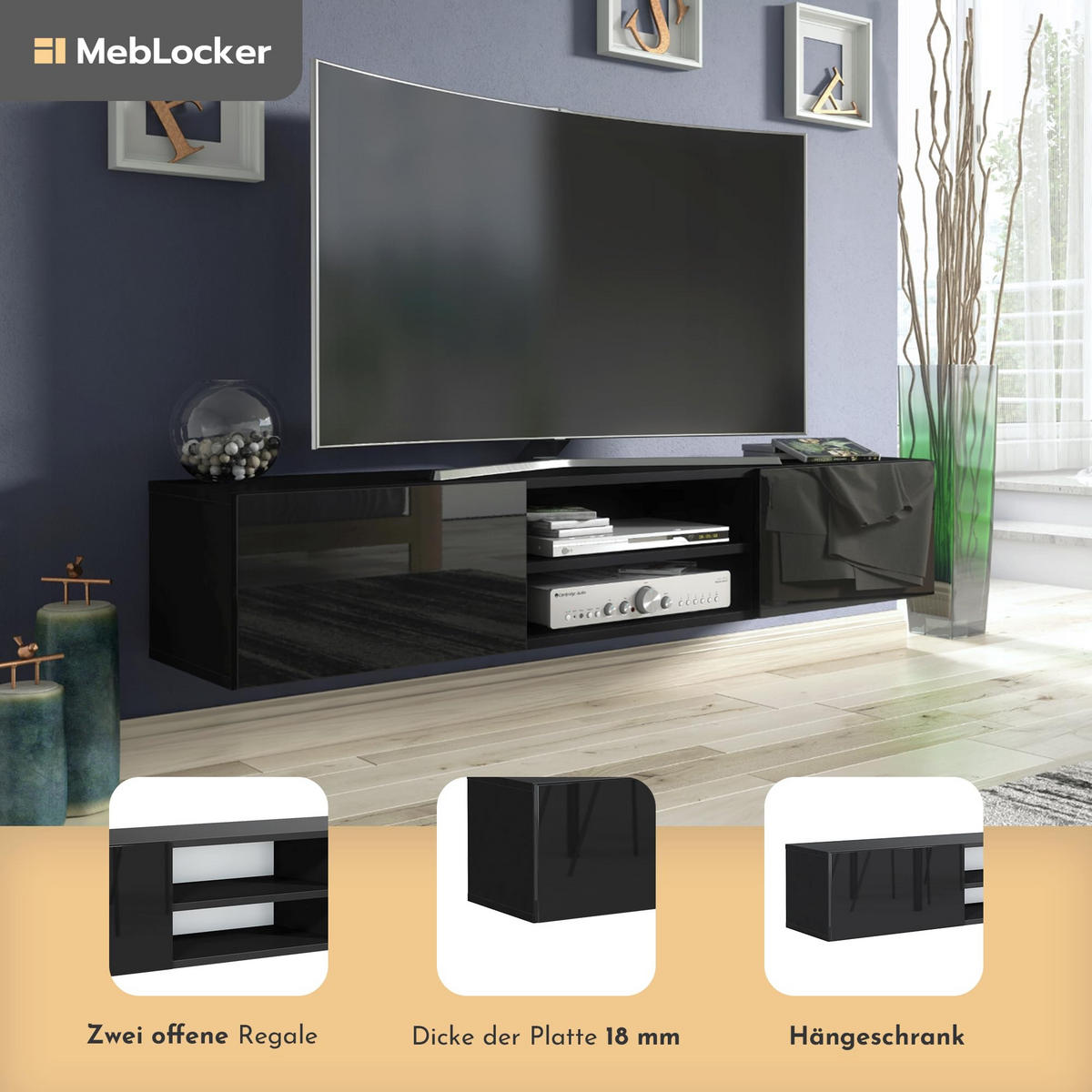 TV Schrank Schwarz mit HochglanzFronte 120 x 30 x 35cm Wohnzimmer Möbel - Schwarz Hochglanz, Holzwerkstoff (120/30/35cm) - MebLocker