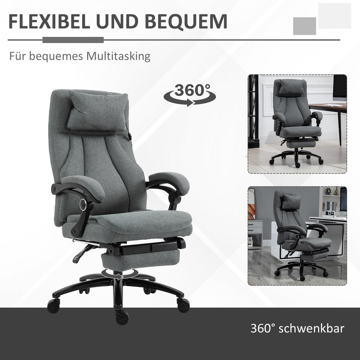 MASSAGEBÜROSTUHL Drehstuhl mit Fußstütze höhenverstellbar Leinen-Gefühl Grau - Grau, Kunststoff (74/117/64cm) - Vinsetto