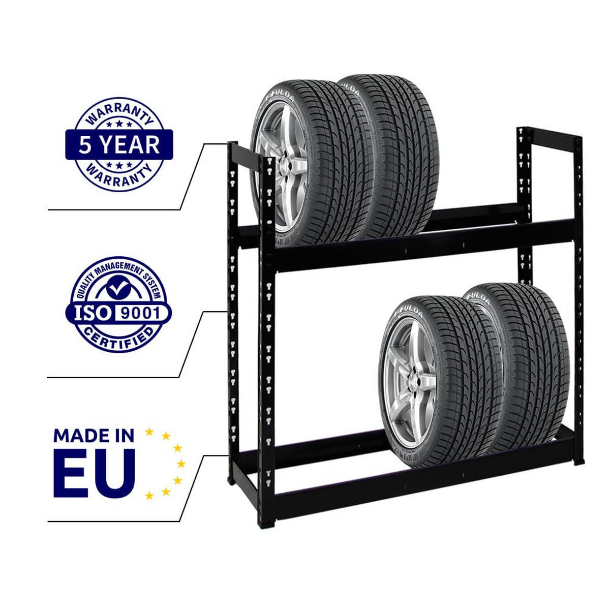 REIFENREGAL Tiger 3er-Set mit 3x 100x110x35 cm 150 kg Fachlast bis zu 24 Reifen mit Ebenen Schwarz - Schwarz, Metall (330/100/35cm) - PROREGAL