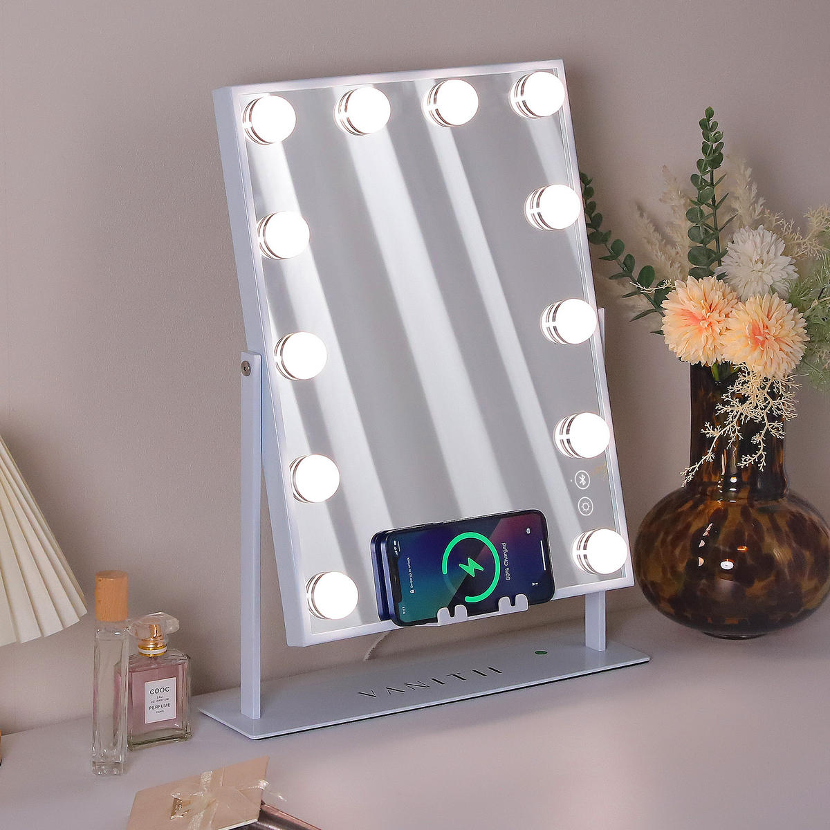 SCHMINKSPIEGEL mit LED-Beleuchtung und Bluetooth weiß 30/41 cm - Weiß, Metall (30/41/3cm) - VANITII