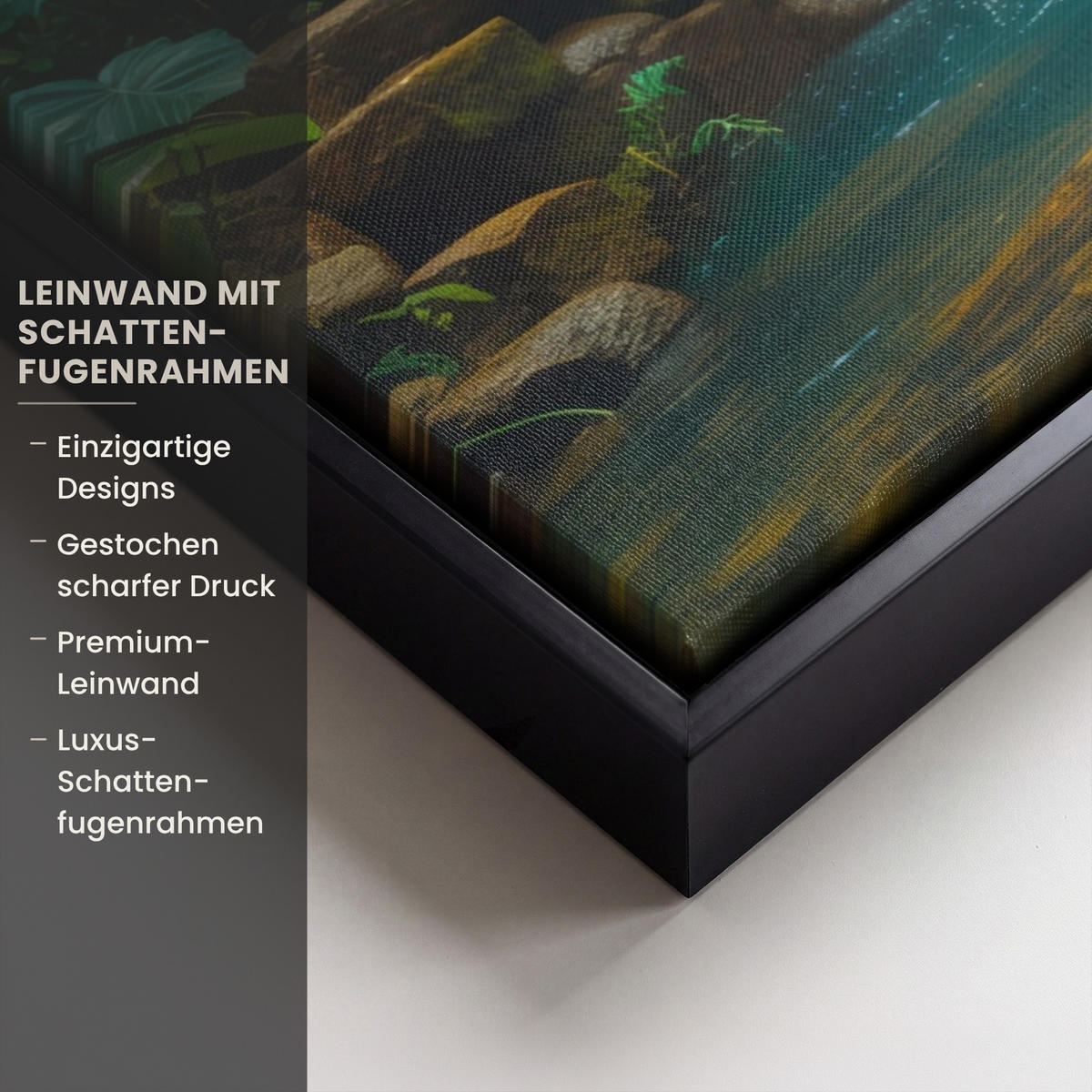 LEINWAND Bilder mit Rahmen - Wasserfall - Dschungel - Sonne - Grün - Natur - 80x60 - Grün, Textil (80/60cm) - MuchoWow