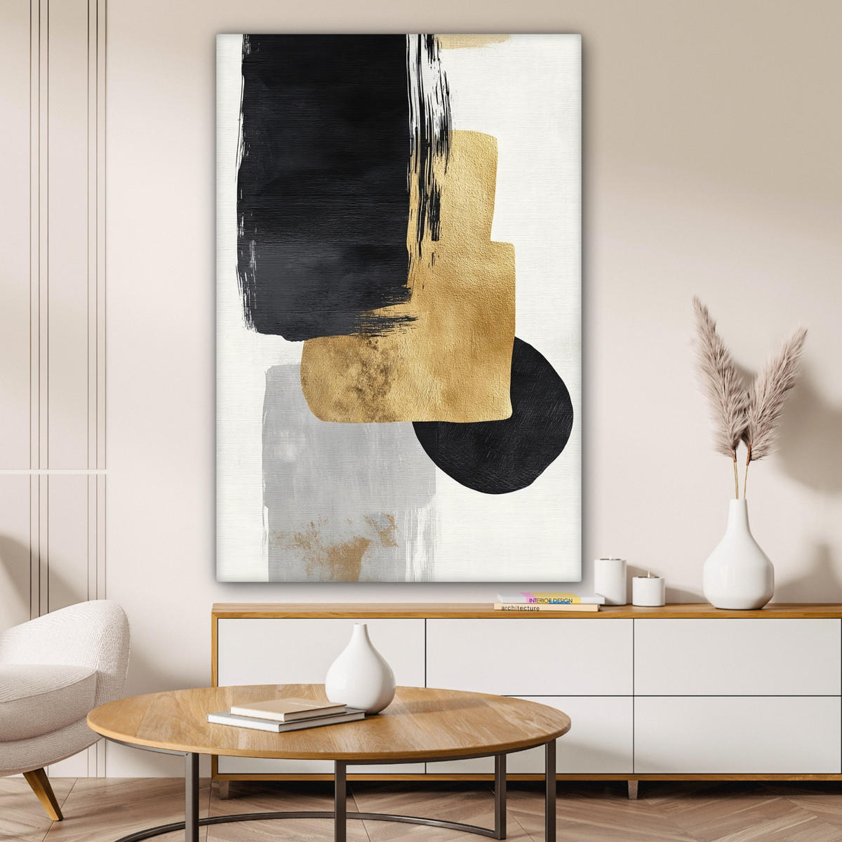 LEINWANDBILD Gold - Rechtecke - Kreise - Abstrakt Deko XXL 80x120 cm - Weiß, Textil (80/120cm) - MuchoWow