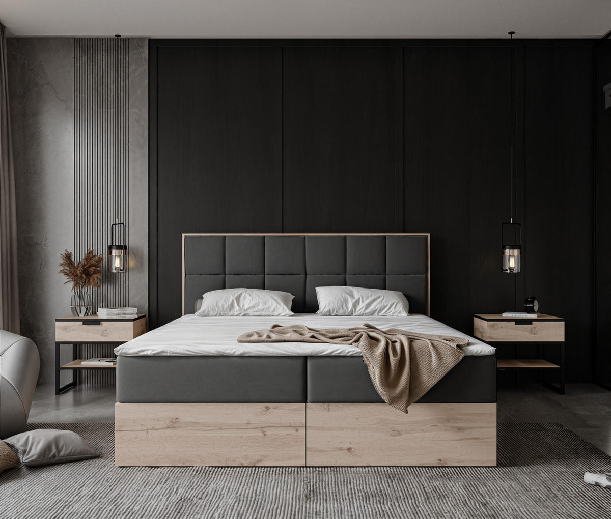 BOXBETT LAVIO II 160/200 cm, in Grau, mit Matratze und Topper - Grau, Holzwerkstoff/Textil (160/200cm) - Idohome