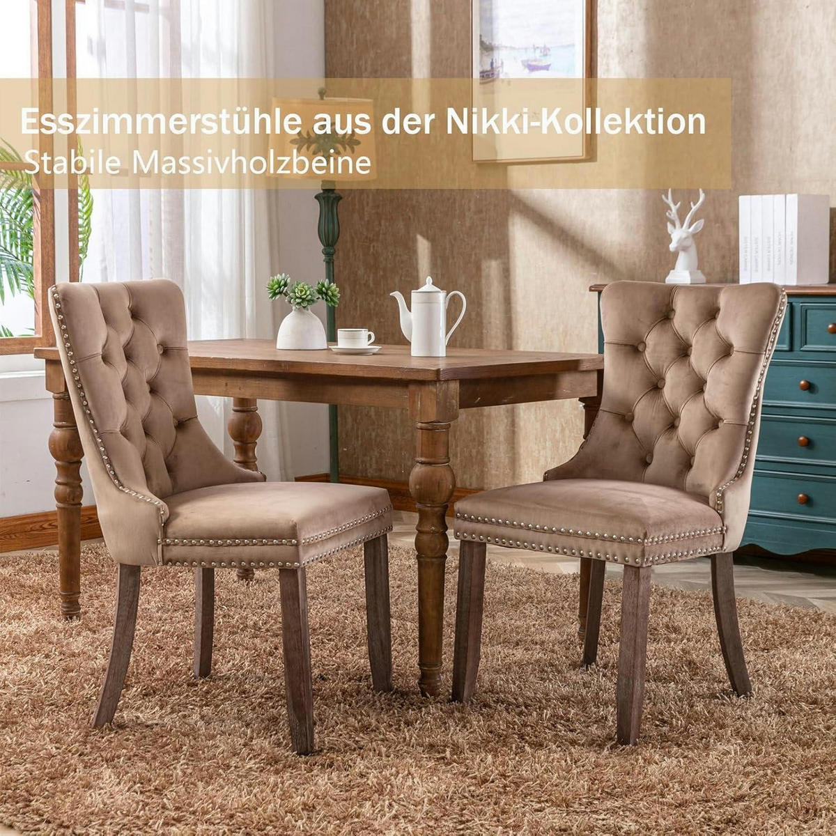 ESSZIMMERSTÜHLE 8er-Set Samt Khaki mit Massivholzbeinen - Olivgrün, Textil (50/95.2/62cm)