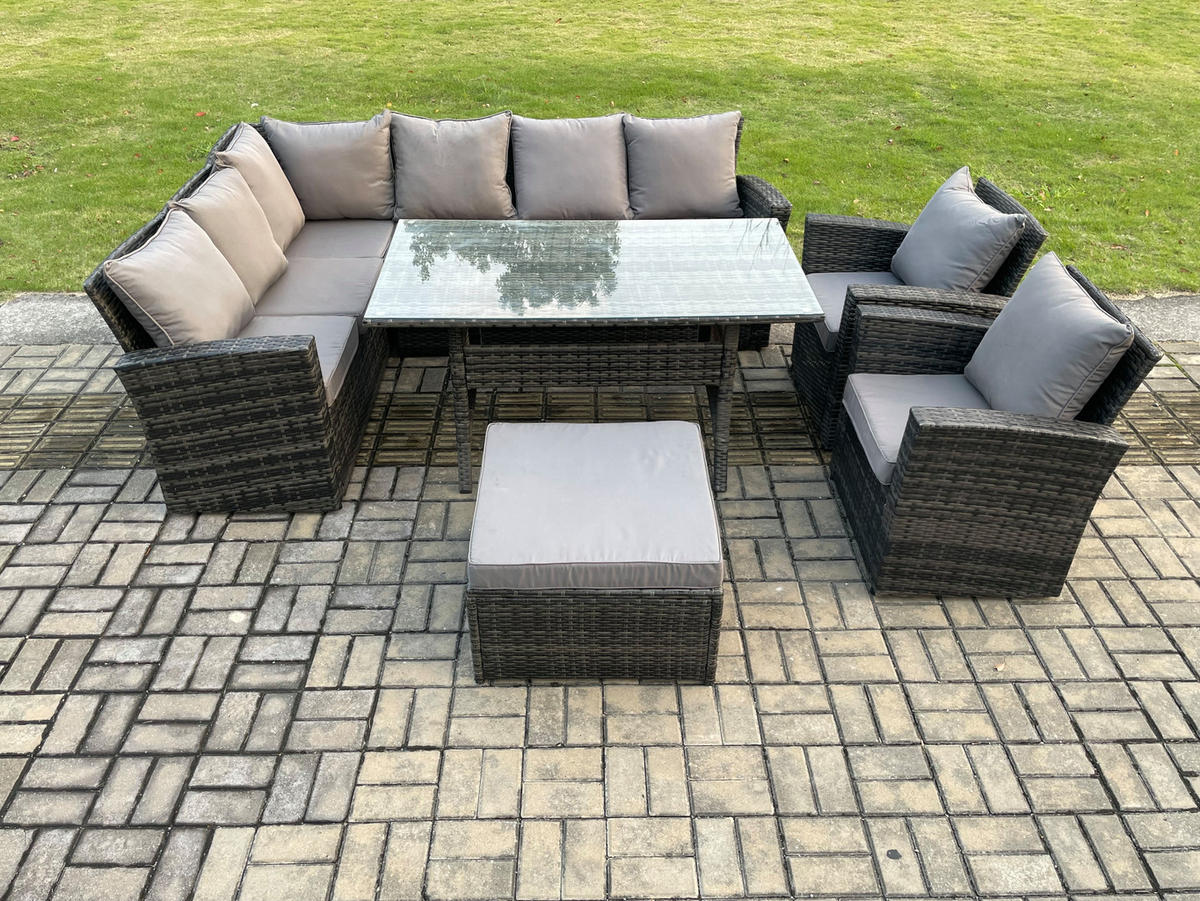 LOUNGEMÖBEL-SETS mit Esstisch Sofa Polyrattan Dunkelgrau 9-Sitzer - Dunkelgrau/Grau, Glas/Kunststoff - Fimous