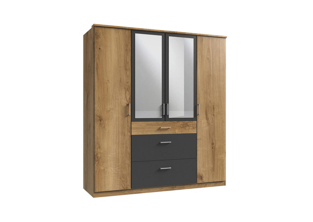 KLEIDERSCHRANK Click in Plankeneiche mit Grafit - Drehtürenschrank 179 cm Breite mit Spiegel - Braun, Holzwerkstoff (179/199/58cm)