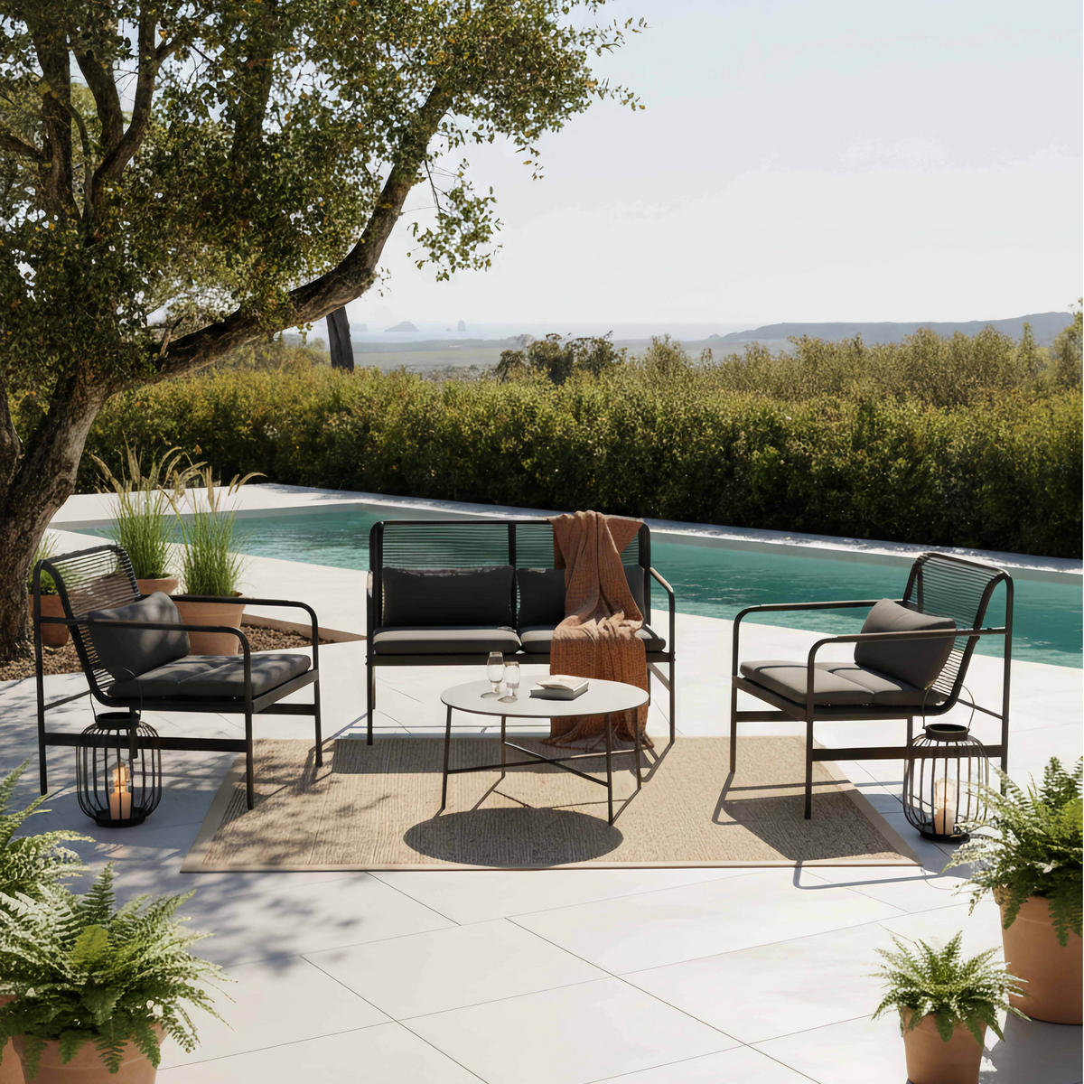 GARTENMÖBEL 4-Sitzer, Schwarz - Schwarz, Textil - Oviala