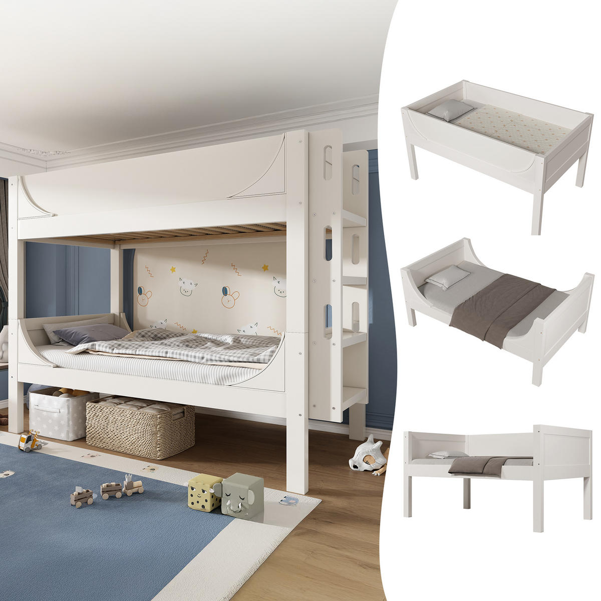 ETAGENBETT 90/200 cm Weiß mit flexibler Leiter und trennbarem Design - Weiß, Holzwerkstoff (90/200cm) - OKWISH