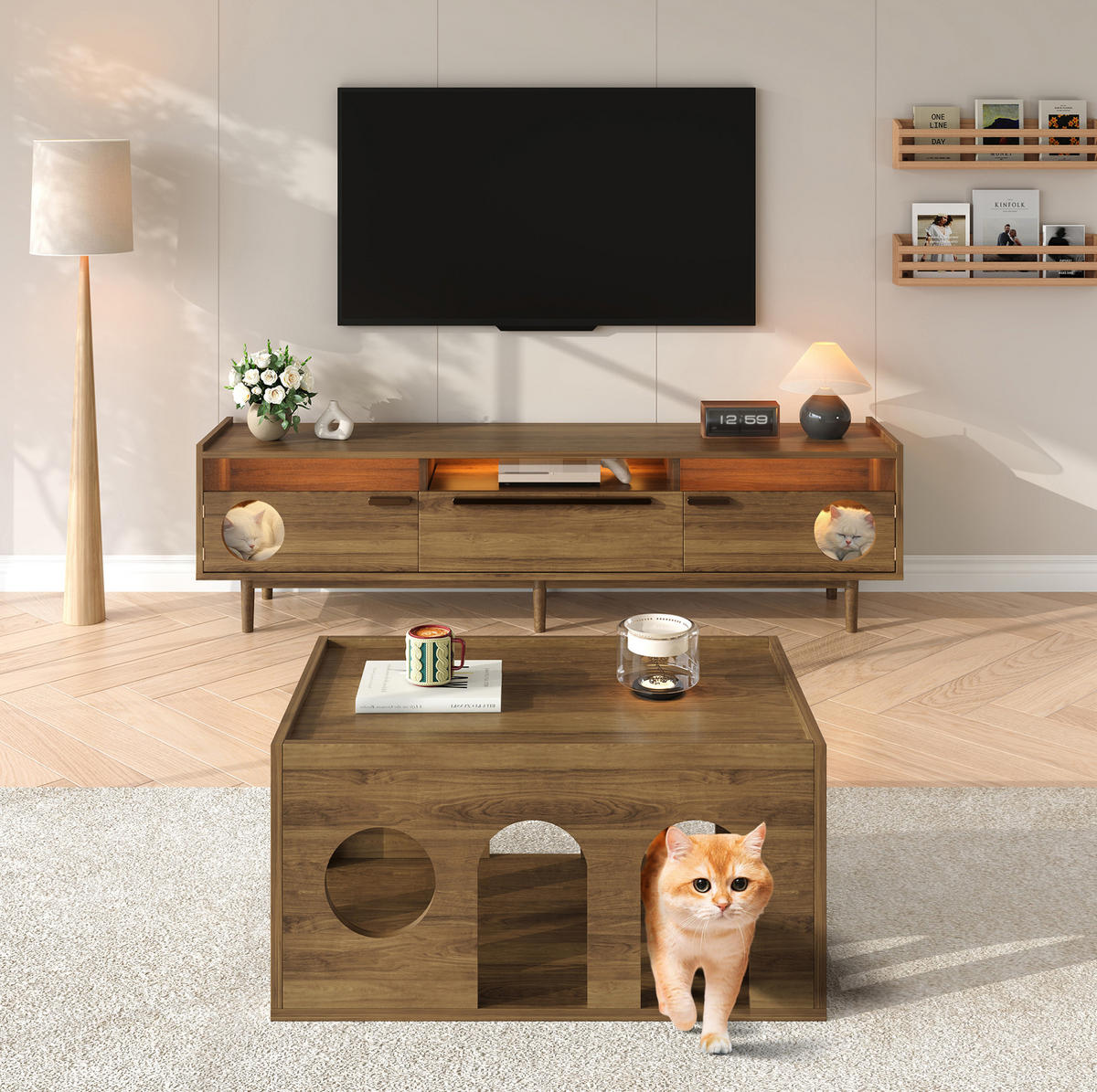 TV ormarić 180/40/50 cm orah od MDF-a s LED rasvjetom i prostorom za mačku - boje oraha, drvni materijal (180/50/40cm) - OKWISH