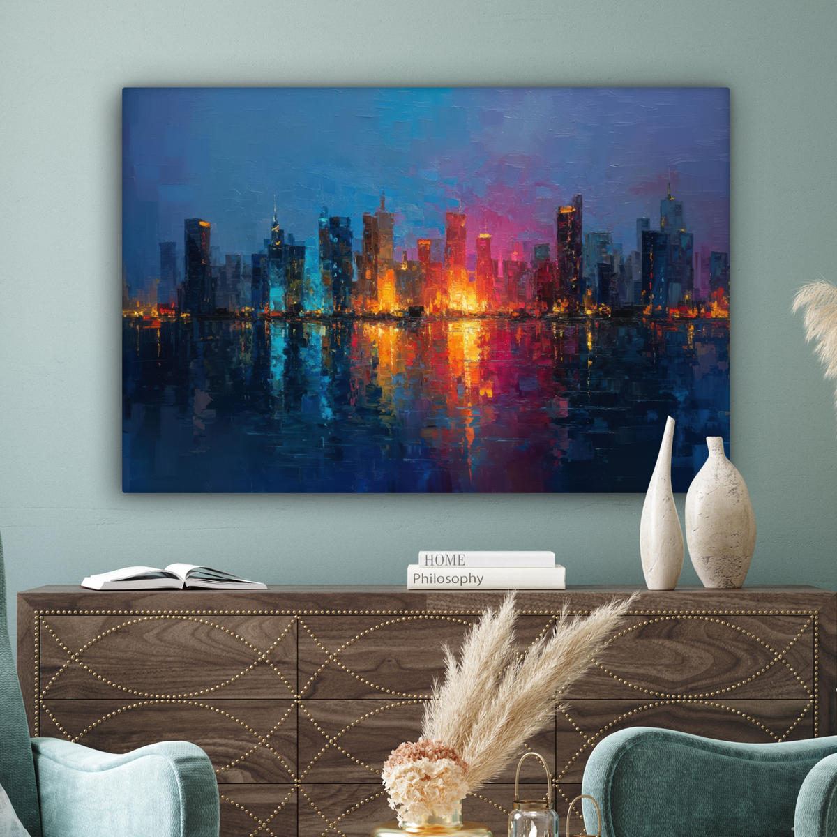 LEINWANDBILD Skyline - Pinselstriche - Dunkelblau - Leuchtend Groß 140x90 cm - Blau, Textil (140/90cm) - MuchoWow