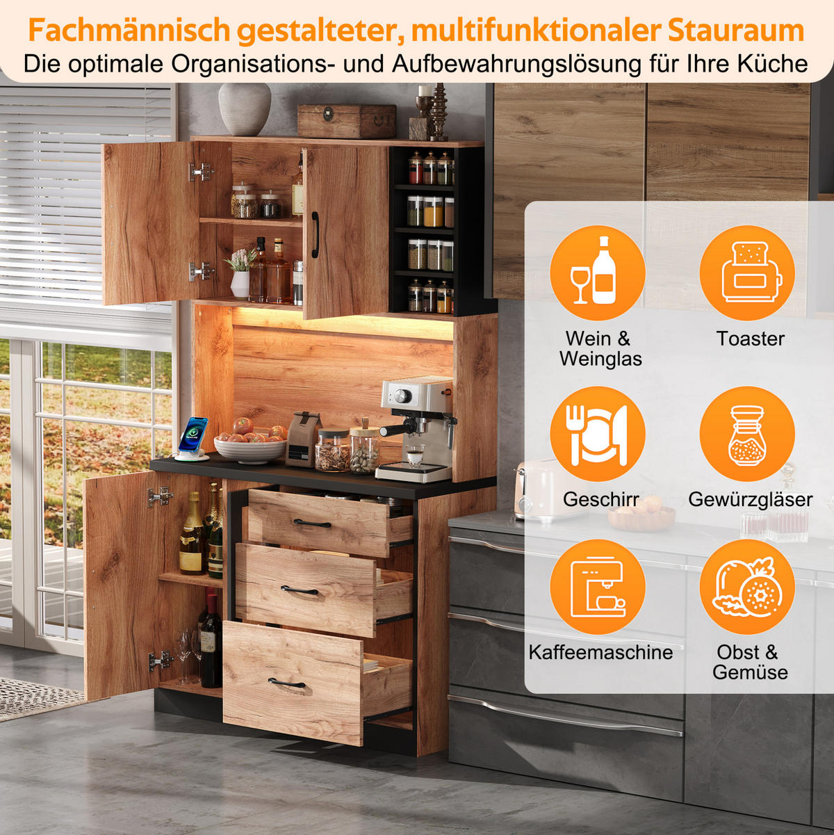 BUFFETSCHRANK 105/40/180 cm mit LED-Beleuchtung, verstellbaren Einlegeböden und Steckdosen, Neutral - Naturfarben, Holzwerkstoff (105/180/40cm) - Redom