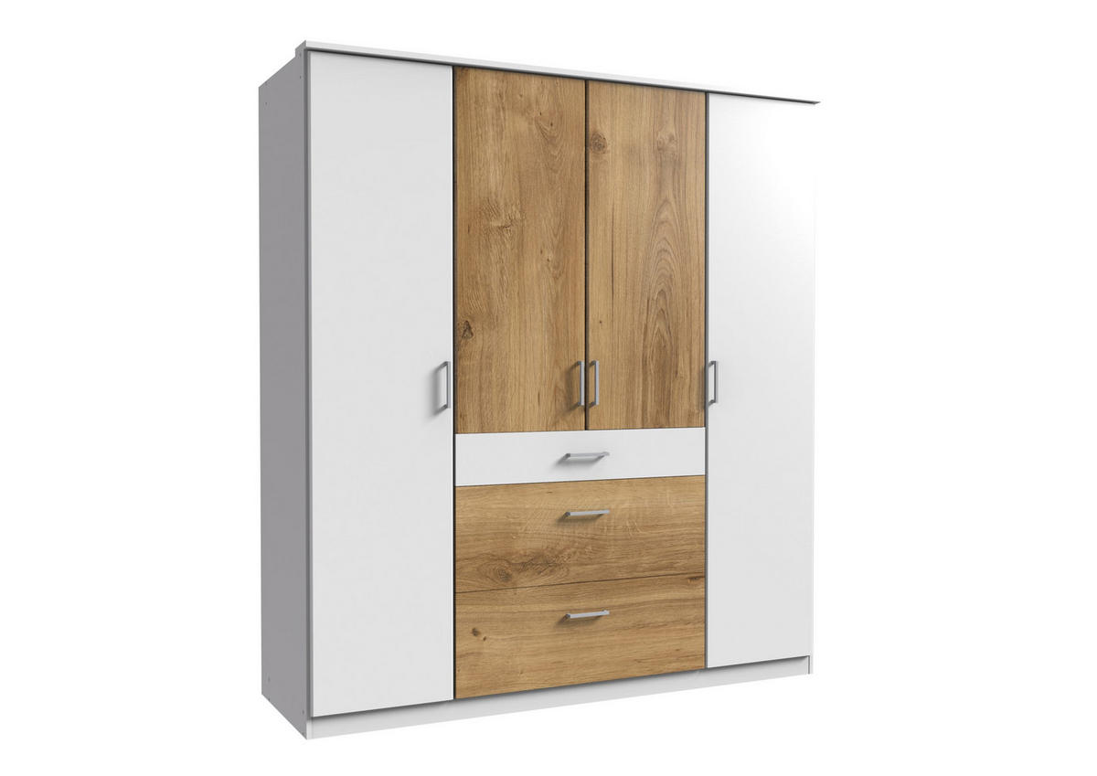 DREHTÜRENSCHRANK Click in Weiß mit Plankeneiche - 179 cm Breite ohne Spiegel - Weiß, Holzwerkstoff (179/199/58cm)