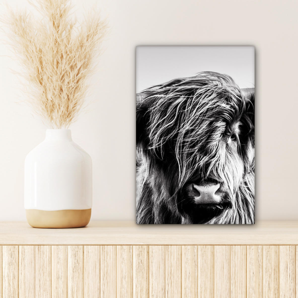 LEINWANDBILD Kuh - Schottischer Hochländer - Schwarz - Weiß - Tier - Natur - Wildtiere 20x30 cm - Schwarz, Textil (20/30cm) - MuchoWow
