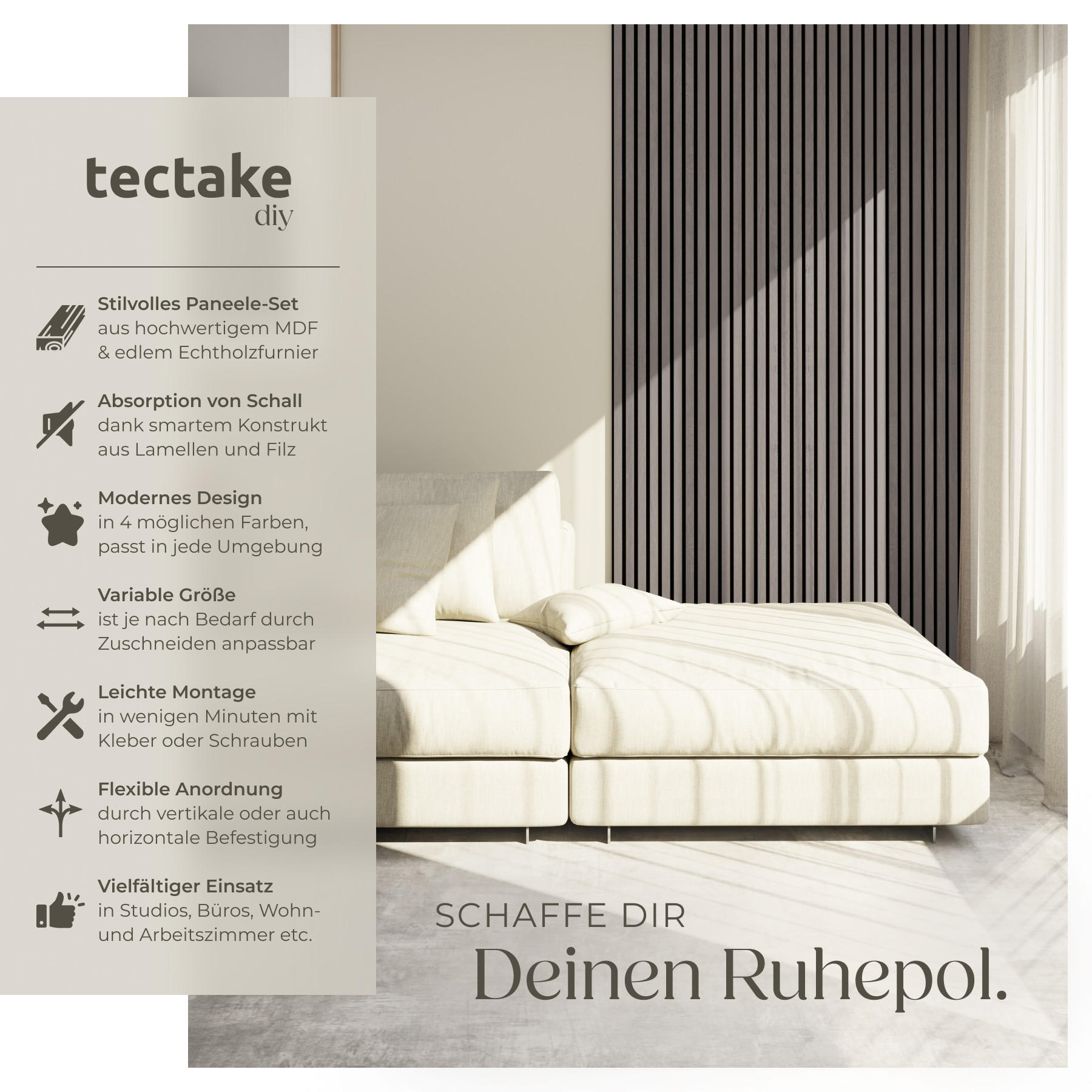 AKUSTIKPANEELE 2er Set Sonic Wall,je 60 x 120 x 2,1 cm, Größe flexibel anpassbar,Eiche hellgrau - Eichefarben/Hellgrau, Holz (60/120/120cm) - tectake