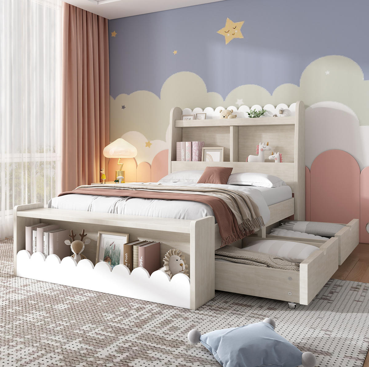 KINDERBETT 90/200 cm mit 2 Schubladen, Regal, Sitzbank mit Stauraum und Lattenrost aus Massivholz und MDF, Weiß/Eichefarben - Weiß, Holzwerkstoff - Redom
