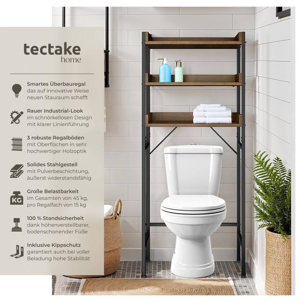 BADEZIMMERREGAL Seattle,inklusive Kippschutz,Industrial Holz dunkel, rustikal - Rostfarben, Holz (63/165/25cm) - tectake