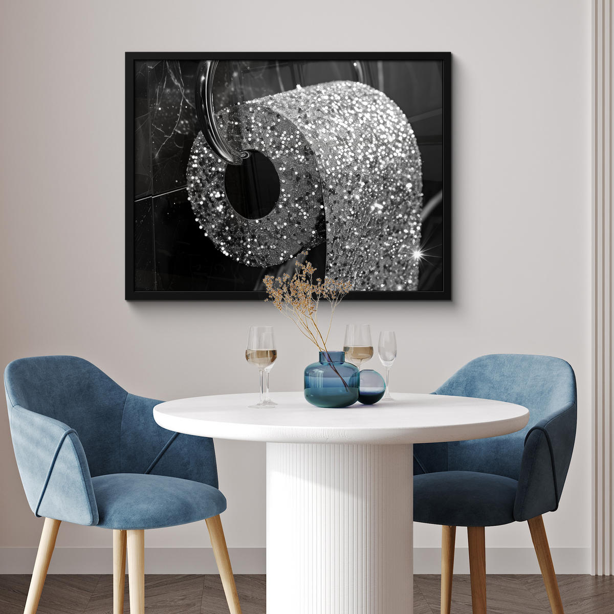 ZARÁMOVANÝ PLAGÁT WC - toaletný papier - čiernobiely - trblietky 80x60 cm - strieborná, papier (80/60cm) - MuchoWow