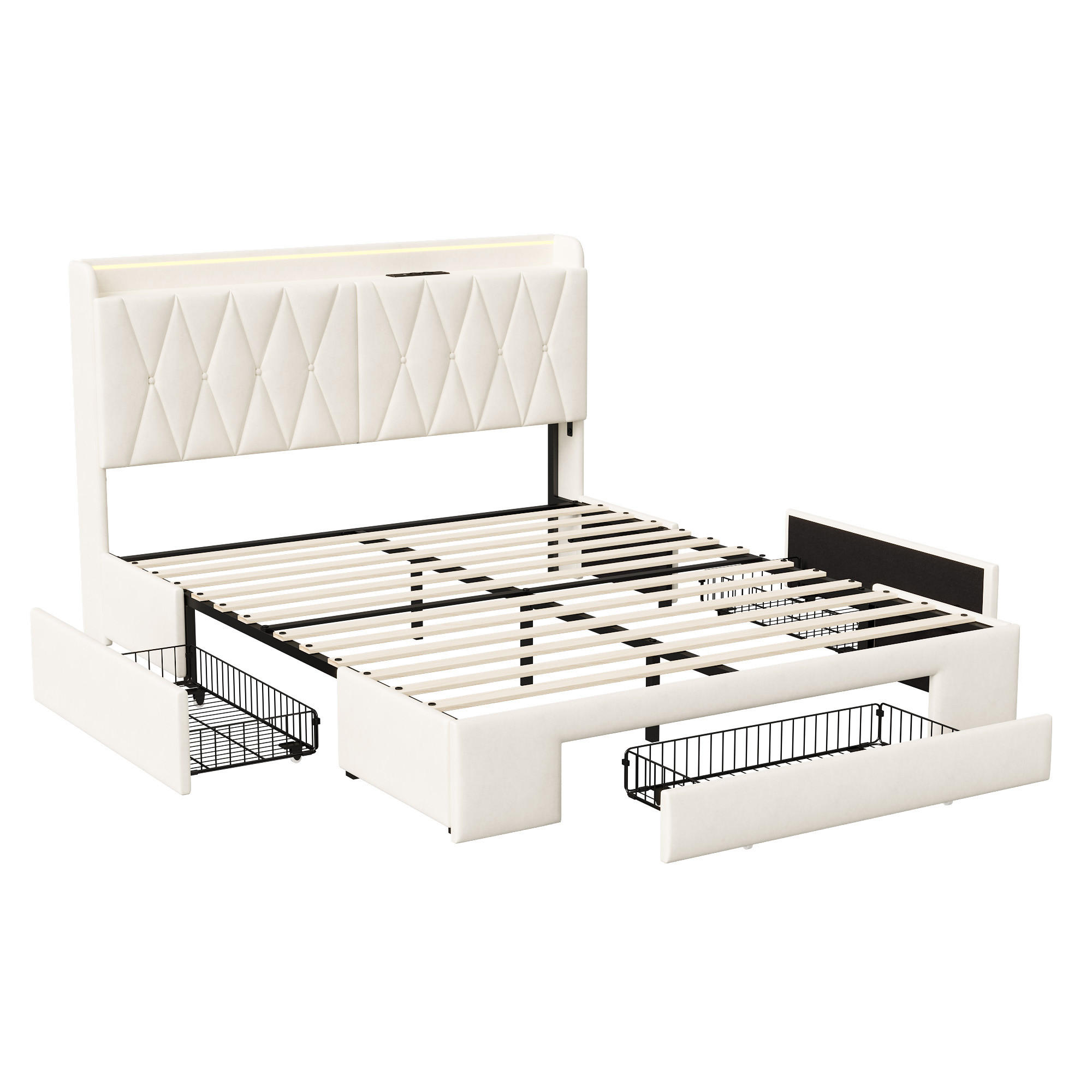 POLSTERBETT 160x200 cm, Beige, mit USB, Steckdosen & LED - Beige, Textil/Metall (160/200cm)