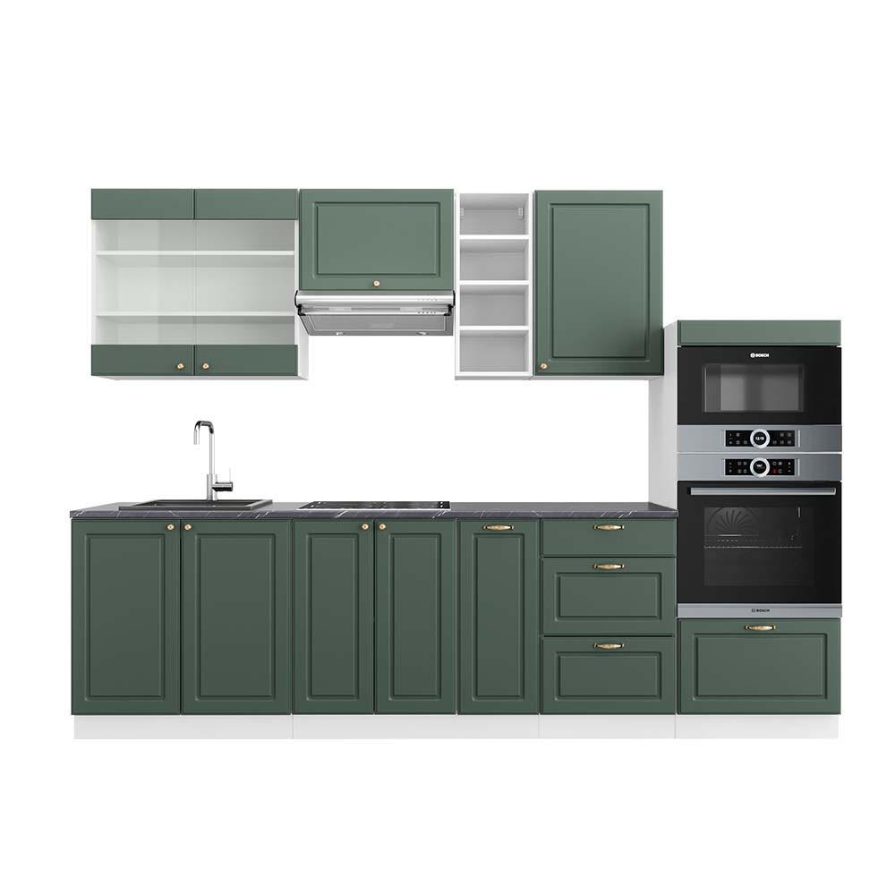 KÜCHENZEILE Fame-Line Grün-Gold Landhaus/Weiß 280 cm, AP Anthrazit - Weiß/Grün, Holzwerkstoff (280/81.6/60cm) - Vicco