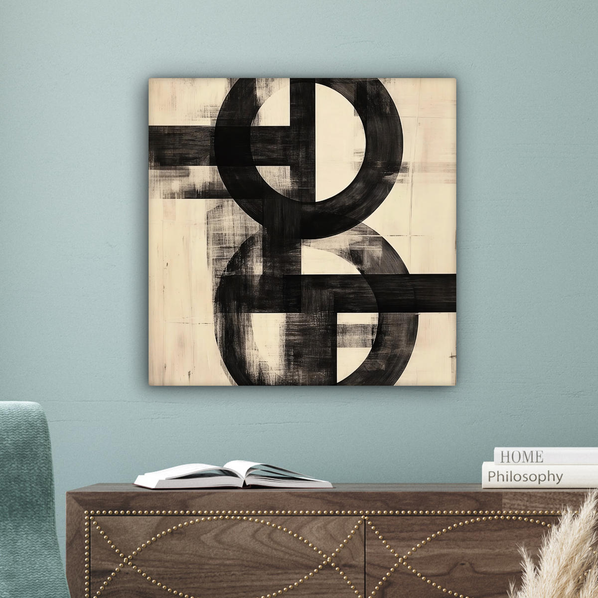 LEINWANDBILD Kreise - Balken - Schwarz - Abstrakt Wandbild Wohnzimmer 50x50 cm - Schwarz, Textil (50/50cm) - MuchoWow