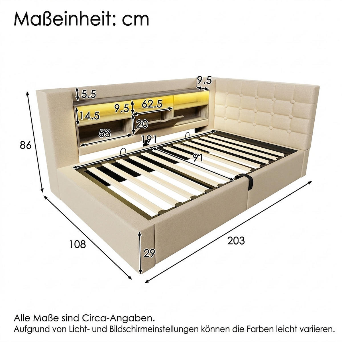 POLSTERBETT 90/190 cm Beige mit LED-Beleuchtung und Stauraum (Ohne Matratze) - Beige, Textil (90/190cm) - Oxeza