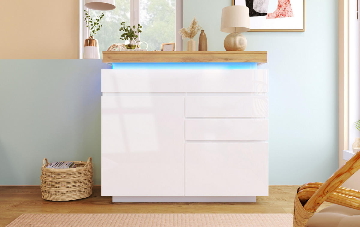 KOMMODE, Hochglanz, 3 Schubladen & 2 Türen, LED-App-Steuerung, 110x39x115 cm, Weiß - Weiß, Holzwerkstoff (39/115/110cm) - Modfu