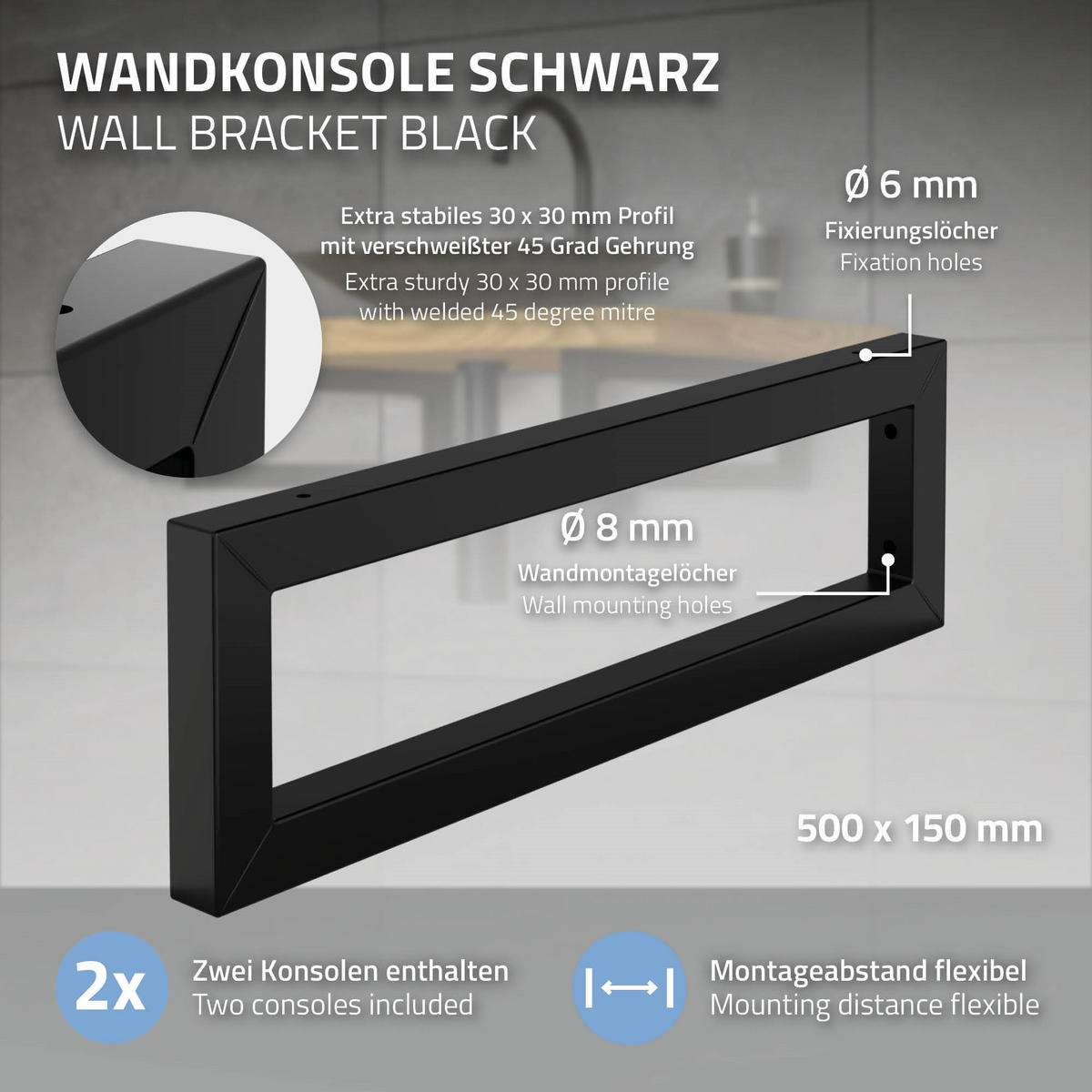 WANDKONSOLE 2er Set für Waschtisch 500x150 mm Schwarz aus Stahl - Schwarz, Metall (15/3/50cm) - ML-DESIGN