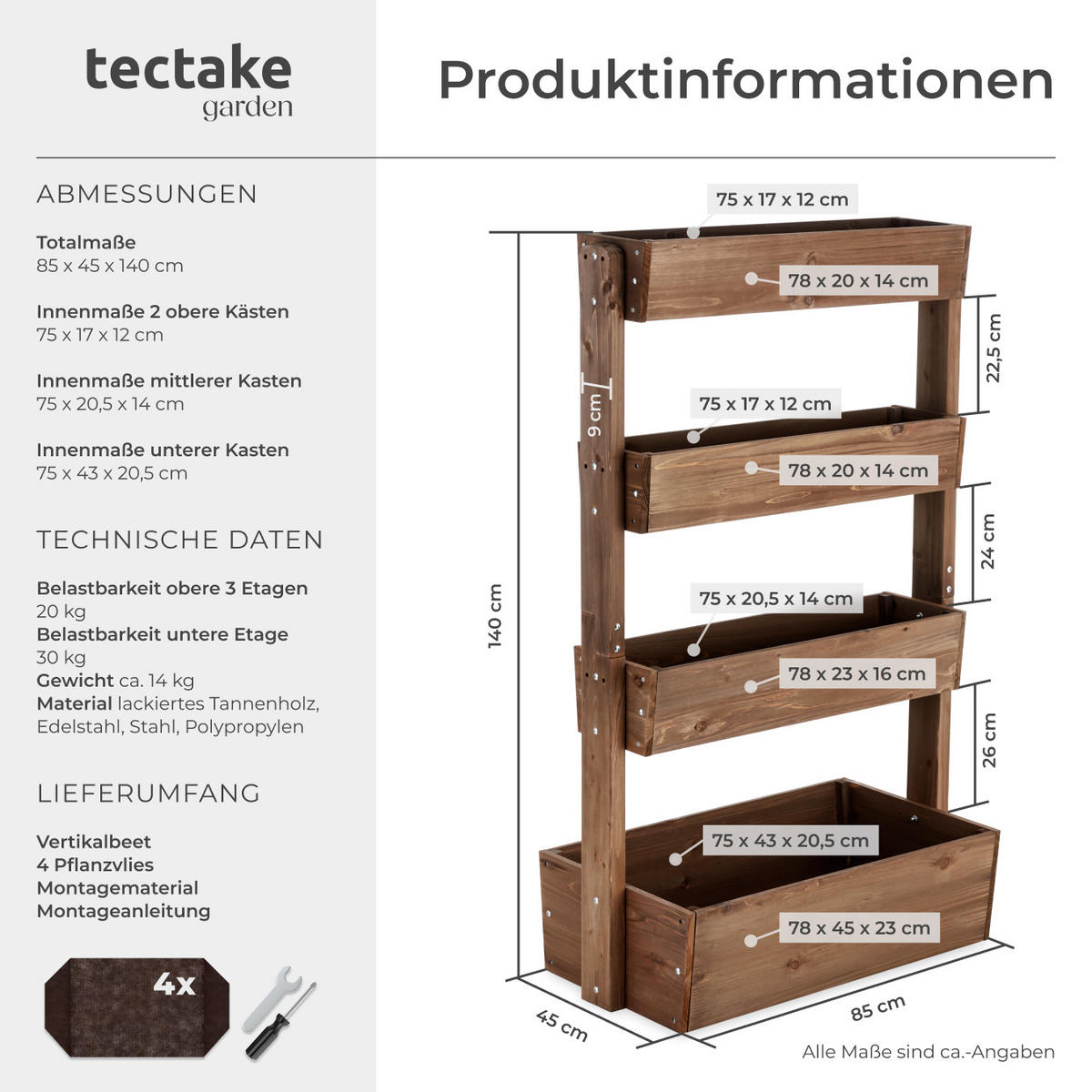 VERTIKALBEET Flora,inklusive Pflanzvlies, 85 x 45 x 140 cm,braun - Braun, Holz (85/140/45cm) - tectake