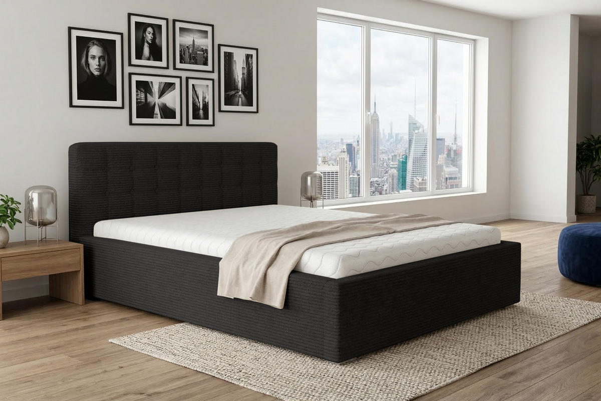 POLSTERBETT LUMA 140/200 in Cord Schwarz - Schwarz, Holzwerkstoff/Textil (140/200cm) - Deine Möbel 24