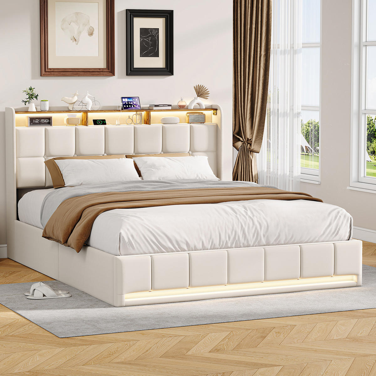 POLSTERBETT 140x200cm Beiges Leinen Bett mit LED und Unterbettaufbewahrung - Beige, Textil (140/200cm) - CASIVA