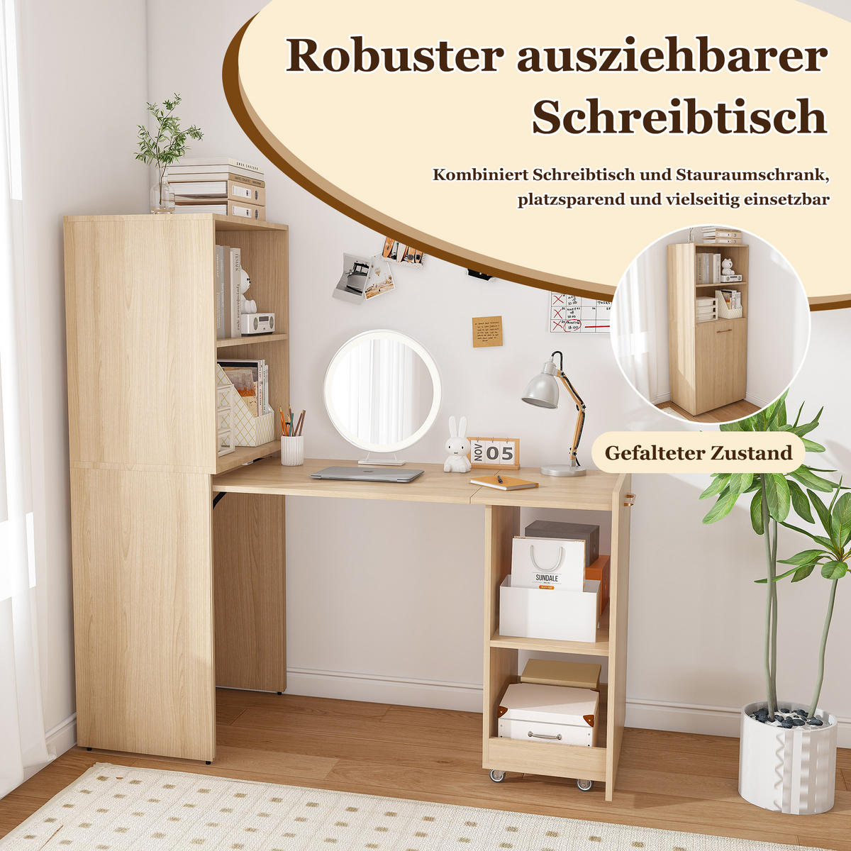 ECKSCHREIBTISCH DE-37446 ausziehbar mit verstellbaren Ablagen Helle Eiche - Naturfarben, Holzwerkstoff (40/55/136cm) - ComfortXL