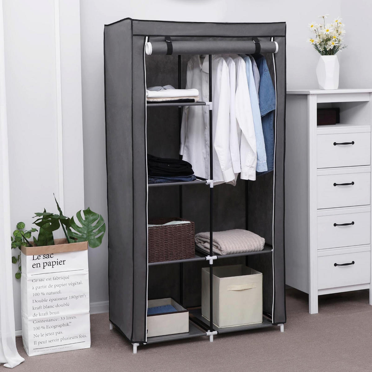 STOFFSCHRANK KLEIDERSCHRANK - Grau, Textil (45/88cm) - Hansiro