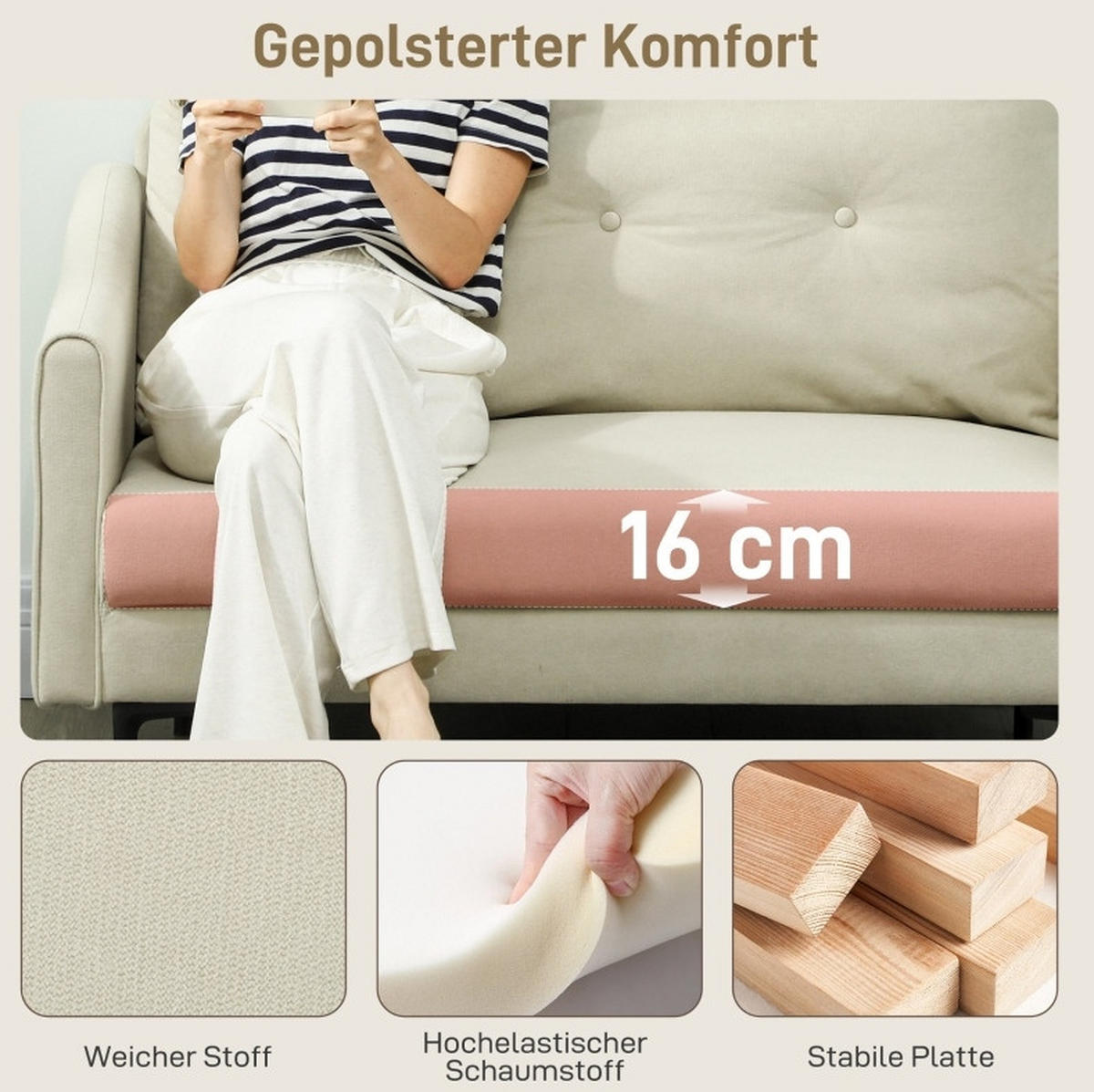 DVOUMÍSTNÁ pohovka 124/73/92 cm krémově bílá z kovu s měkkým polstrováním - krémová, kov (73/92/124cm) - OKWISH