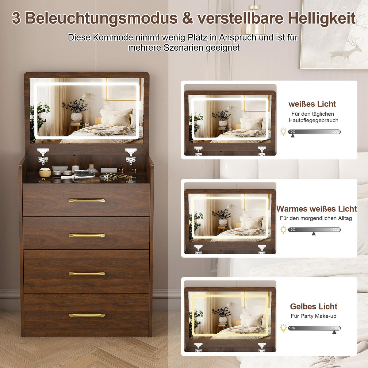 SCHMINKTISCH in Nussbaumfarben Frisiertisch mit Spiegel Glasplatte 3 Schubladen für Wohnzimmer B60/T40/H118cm - Nussbaumfarben, Glas/Holzwerkstoff (60/118/40cm) - STILVORA